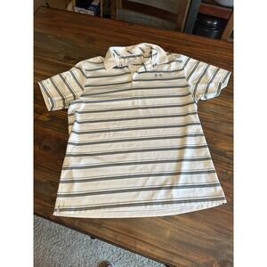 Under Armour Golf Polo Shirt Coldblack Striped Athletic Gray White Large‎